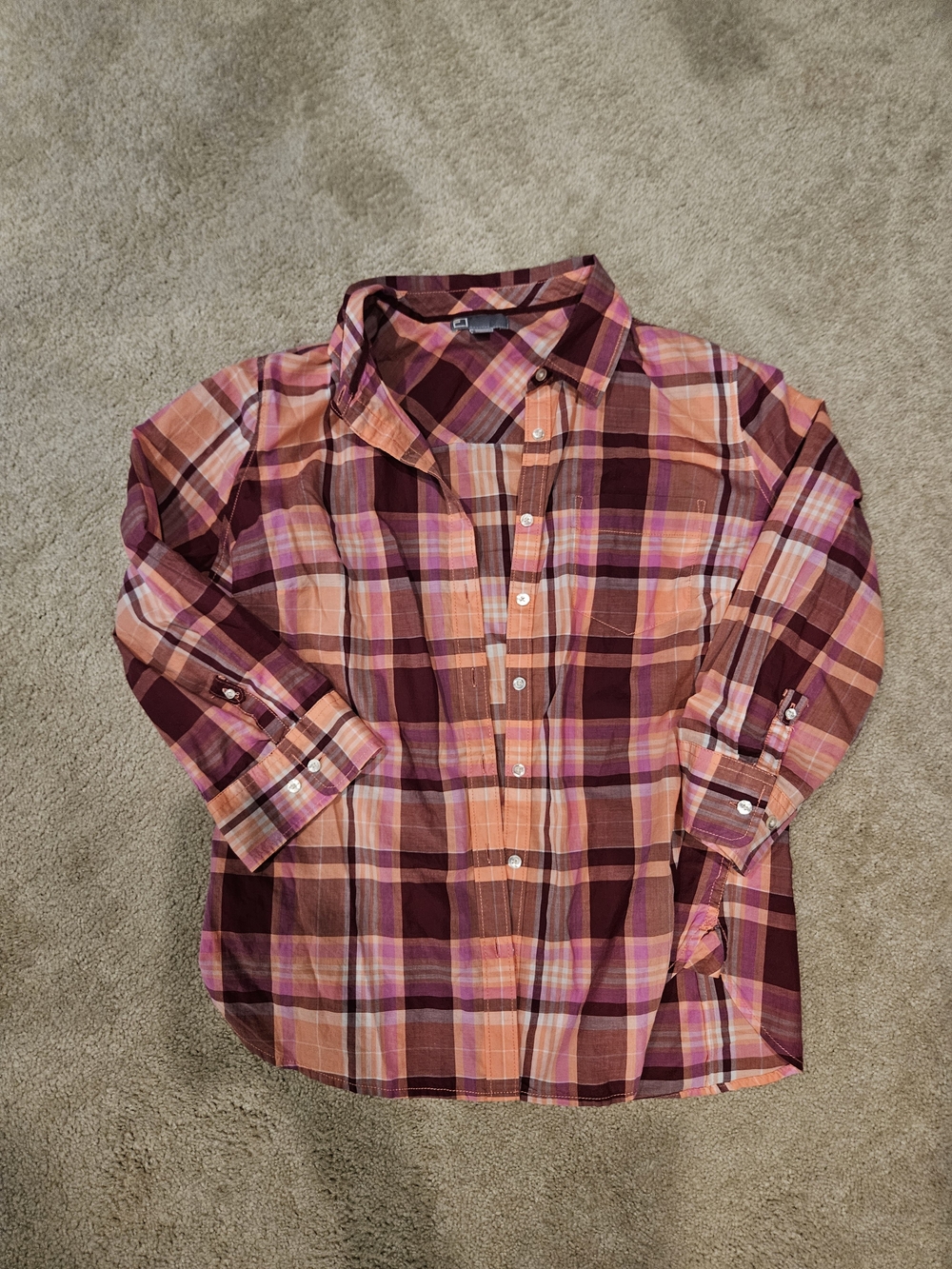 Jcp Women's Pink and Purple Plaid Button-Down Plaid Shirt 3/4 Sleevw